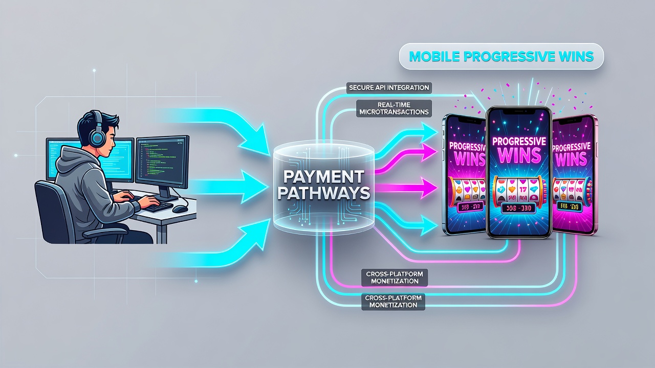 Diagram showing secure transaction routes from player devices through processors to developer accounts in progressive mobile games