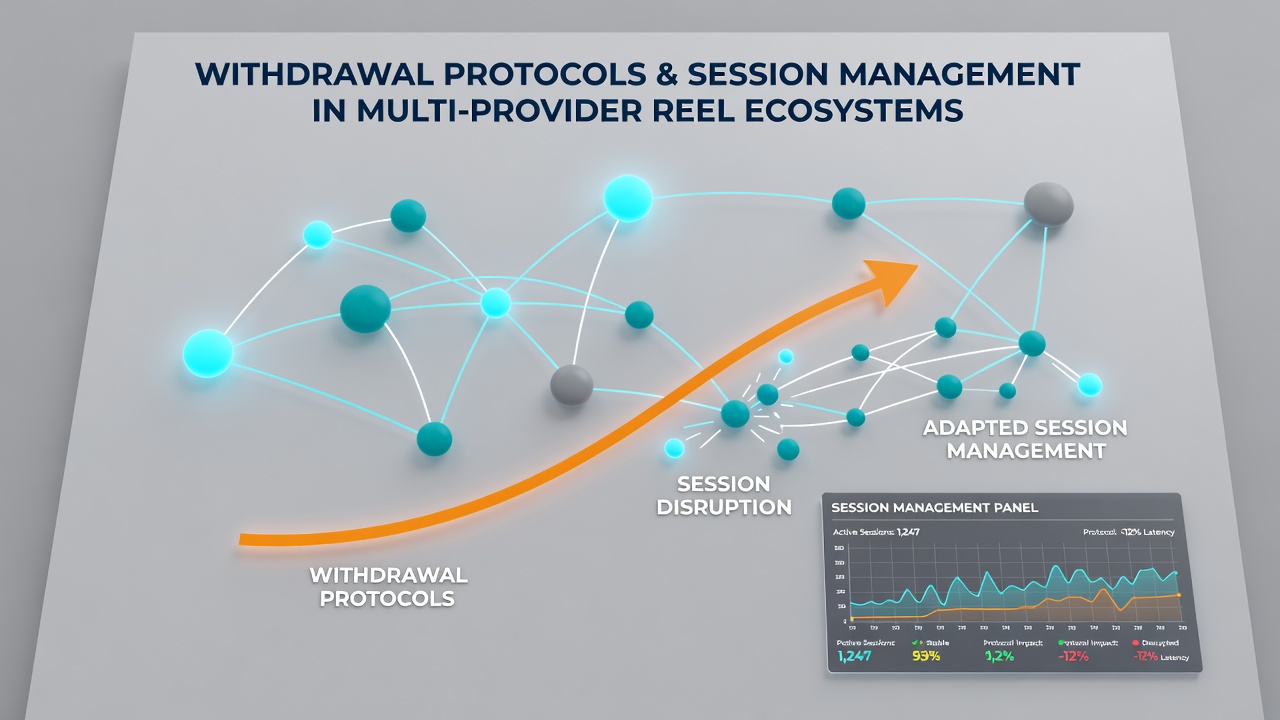 Session state diagram showing withdrawal checkpoints across multiple reel providers